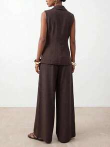 Zivah Elegant & Sophisticated Women's Autumn/Winter 2 Pieces Suit Set, Suitable For Office Wear: Metal Decor Sleeveless Blazer + Wide Leg Pants, Dark Brown - Brown - View 10