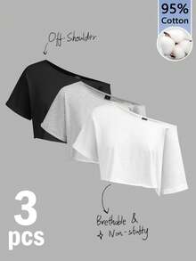 SHEIN EZwear 女款 95% 棉單肩寬領針織 T-shirt 3 件組 黑色，寬鬆，夏季工作基本款 - 彩色 - 查看 1