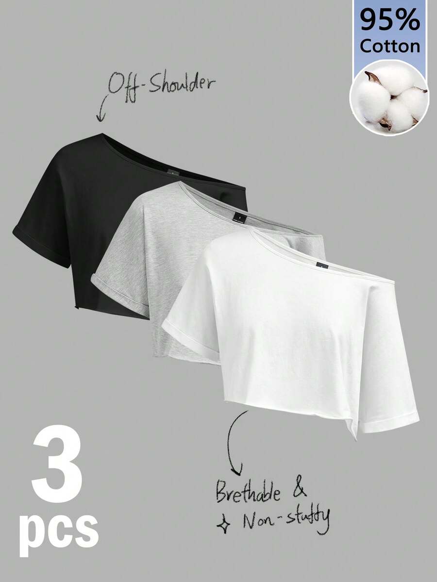 SHEIN EZwear 女款 95% 棉單肩寬領針織 T-shirt 3 件組 黑色，寬鬆，夏季工作基本款 - 彩色 - 查看 1