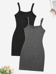 SHEIN Essnce Plus Size Women's Spring/Summer Fashion Casual Black Grey Spaghetti Strap Short Dress 2pcs Fitted Bodycon Outing Outfit Base Layer Business Dark Green - Multicolor - View 2