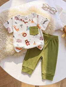 SHEIN Playful Pals 2件組 白色與軍綠色動物印花短袖圓領T恤附口袋 + 鬆緊腰長褲，休閒可愛極簡百搭套裝，適合夏季日常外出或室內穿著 - 綠色 - 查看 6