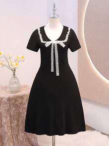 Teen Girl Black Lace Bow Decor Short Sleeve Formal Dress Birthday Sweet 16 Summer Elegant - Black - View 3
