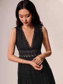 Willow Rêve 女款黑色波希米亞刺繡飾邊深V領飄逸長洋裝，浪漫度假風，情人節，波西米亞風，適合約會、野餐，刺繡洋裝 - 黑色 - 查看 7