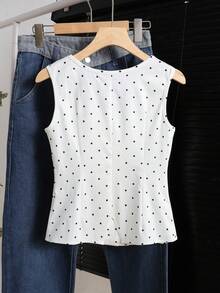SHEIN 兒童青少年女孩背心與細肩帶上衣 夏季時尚 優雅成熟老錢風 波點珍珠鈕扣裝飾背心 - 白色 - 查看 6
