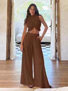 Cloudara Chic Simplicity: Round Neck Draped Crop Top And Matching Bottoms Set - Brown - View 8