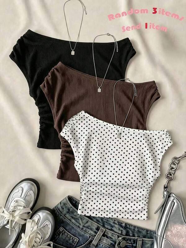 Top corto ajustado minimalista casual para adolescentes con hombro asimétrico y fruncido, adecuado para primavera/verano, atuendo personalizado, uso diario