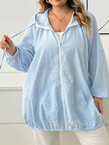 SHEIN CURVE+ 大尺碼女款條紋口袋夾克薄款休閒外套 - 藍白色 - 查看 9
