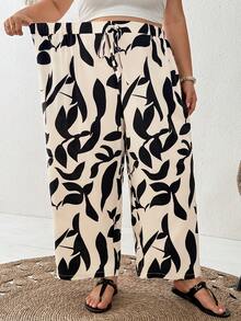 SHEIN CURVE+ Plus Size Women's Drawstring Waist Leaf Print Casual Versatile Daily Wear Wide Leg Pants - Apricot - View 6