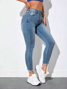 SHEIN PETITE High Waist Raw Hem Skinny Jeans ,Petite Women - Medium Wash - View 6