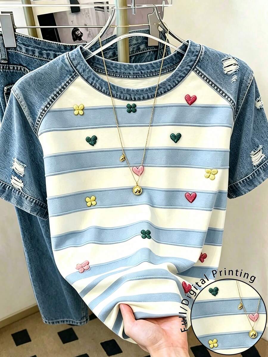 EMERY ROSE Cute Heart-Print Casual Short-Sleeved Loose-Fitting Summer Women's T-Shirt Striped Office Work Blue And White - Multicolor - View 1