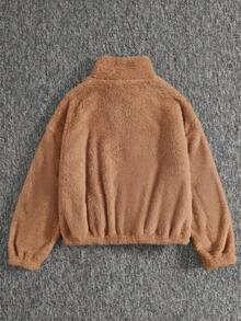 SHEIN 少女針織純色毛絨小立領半拉鍊拼接寬鬆休閒長袖衛衣 - 棕色 - 查看 2