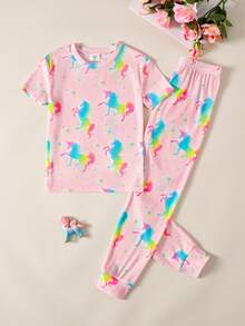 SHEIN 青少年女孩休閒日常百搭舒適卡通圖案修身居家服 - 粉色 - 查看 2