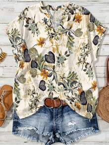 EMERY ROSE Plus Size Fashion Short Sleeve V-Neck Blouse With Floral Print - Multicolor - View 3
