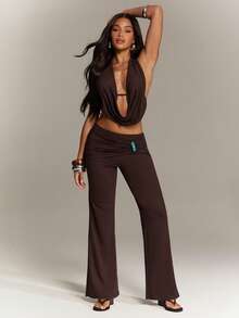 Denimoi Women's Sexy Halter Top With Beaded Detail And Asymmetrical Straight Leg Pants Set Club Night Out Party Vacation Chocolate Brown Summer - Brown - View 5