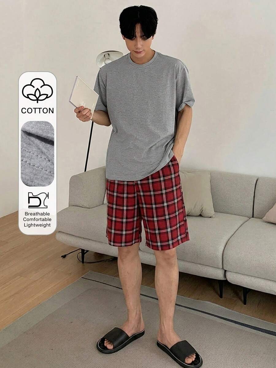 DAZY 男士純色休閒舒適圓領短袖T恤與格紋口袋短褲睡衣套裝 夏季 - 彩色 - 查看 1