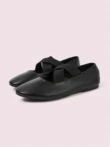 CUCCOO DOLLMOD Women's Shoes, Black, Leather Texture, Simple Elastic Cross Belt, Round Toe Flat Ballet Shoes, Suitable For Daily Travel, Commuting And Leisure Fall Shoes - Black - View 2