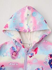 SHEIN 女童紫色公主角色肖像印花毛絨外套，口袋裝飾冬季外套，適合寒冷冬季 - 彩色 - 查看 4