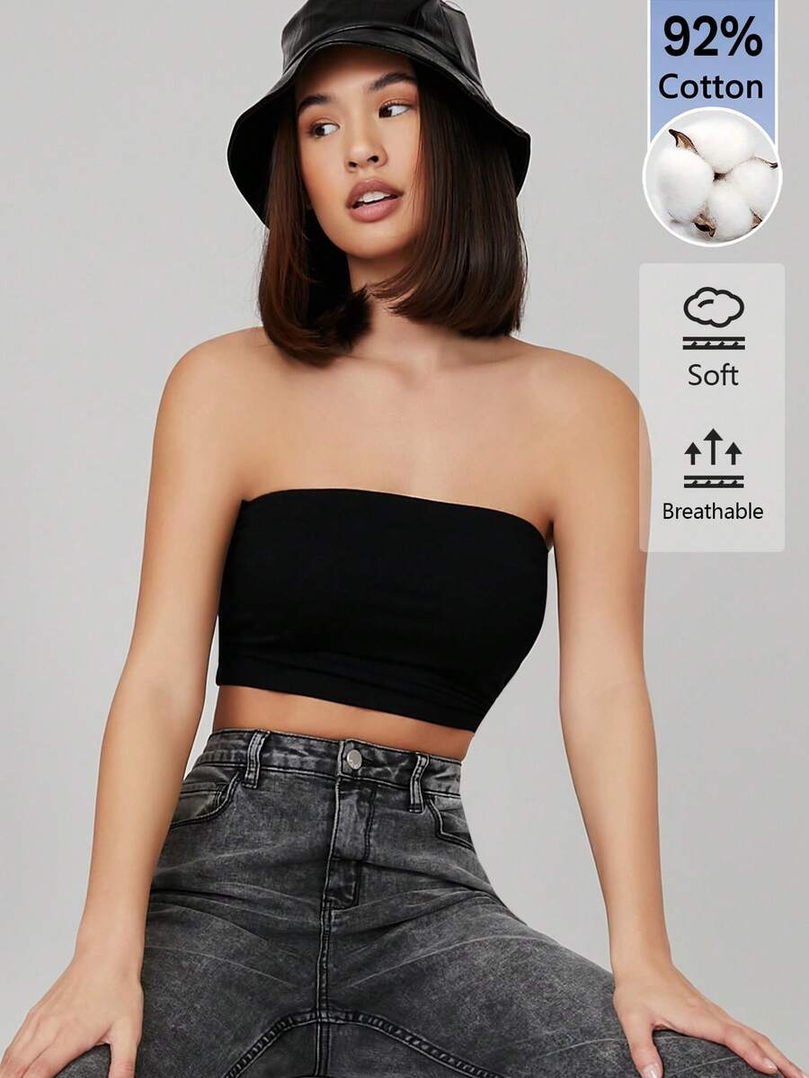 SHEIN BASICS 女款簡約性感基礎款保守極簡百搭純色抹胸上衣，適合度假、海灘、日常、日間、辦公室工作、夜店、外出，黑色 - 黑色 - 查看 1