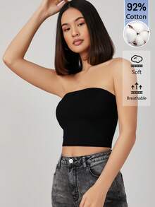 SHEIN BASICS 女款簡約性感基礎款保守極簡百搭純色抹胸上衣，適合度假、海灘、日常、日間、辦公室工作、夜店、外出，黑色 - 黑色 - 查看 3