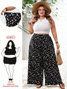 SHEIN CURVE+ 大码女式印花抽绳阔腿裤 - 黑色 - 查看 8