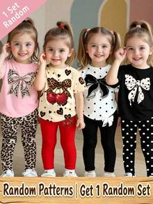 (Random 4 Sets, Send 1 Set) Baby And Girl Fashion Leopard Cherry Shining Bow Pattern Printed Casual Style Basic Short T Plus Bottom Pants Set - Multicolor - View 1