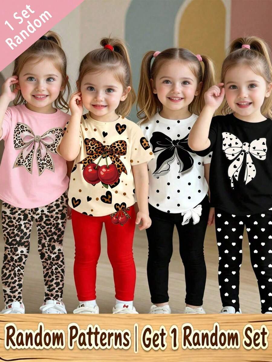 (Random 4 Sets, Send 1 Set) Baby And Girl Fashion Leopard Cherry Shining Bow Pattern Printed Casual Style Basic Short T Plus Bottom Pants Set - Multicolor - View 1