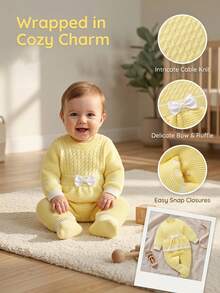 SHEIN Jumpsuit Rajut Kuning Lembut untuk Bayi Perempuan, Romper Lembut dan Nyaman dengan Hiasan Pita dan Rumbai yang Lucu untuk Musim Gugur, Cocok untuk Keluarga, Aktivitas Sehari-hari, Perjalanan Musim Gugur dan Musim Dingin - Kuning - View 7