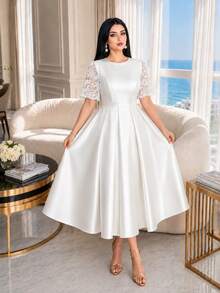 SHEIN Lady Vestido elegante de fiesta de talla grande con parches de encaje de unicolor - Blanco - Ver 6