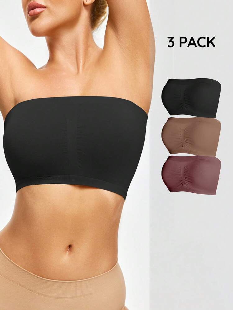 SHEIN Women's Best-Selling Seamless Minimalist Solid Color Fashionable Comfortable High-Quality Portable Bandeau Bras 3 Pieces Set - Multicolor - View 5