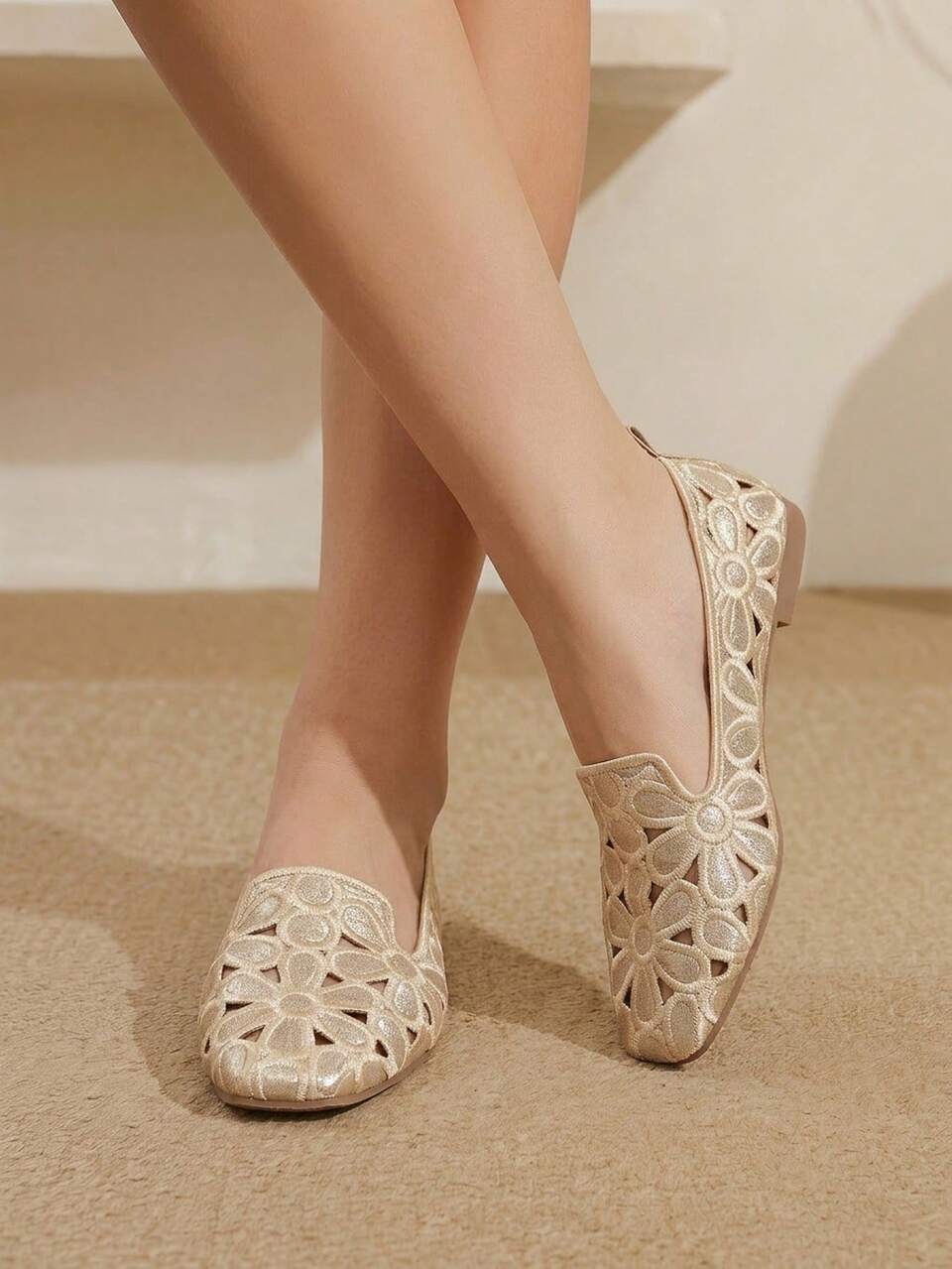 CUCCOO CHICEST Champagne Gold Hollow Floral Embroidery Elegant Holiday Ladies Loafers Square Toe Flat Bottom