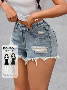 SHEIN PETITE Women's Casual Pocket Distressed Raw Hem Denim Shorts ,Petite Women - Blue - View 1