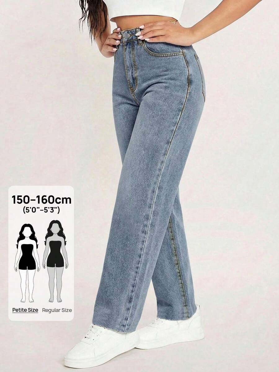 SHEIN PETITE 女款高腰口袋錐腳休閒百搭牛仔褲,適合嬌小女性 - 藍色 - 查看 1