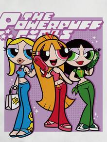 THE POWERPUFF GIRLS X SHEIN 女款可愛卡通印花圓領修身短袖T恤 - 白色 - 查看 3