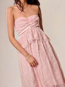 Willow Rêve Women's Light Pink Lace Bandeau Ruffle Hem High-Low Maxi Dress, Romantic Elegant Wedding Style, Bohemian, Birthday Party Date Holiday Summer - Pink - View 4