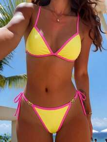 Swim Mod Women's Summer Beach Party Sexy Fashion Contrast Trim Triangle Cup Tie-Up Bikini Swimwear Two Pieces Set Pink And Yellow - Yellow - View 1