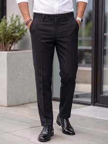 Calvornis Pantalones de traje formales de unicolor para hombres con bolsillos oblicuos, cinturón no incluido, estilo Old Money, ceremonia - Negro - Ver 3