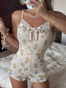 CottageSlumber Yellow Tulip Bow Print Lace Patchwork Slim Fit Jumpsuit Pajamas - White - View 3