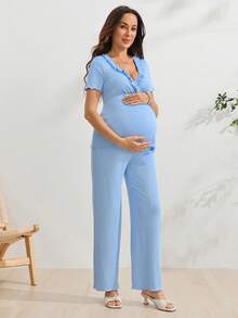 SHEIN 孕婦純色V領哺乳上衣與可調腰長褲休閒軟挺日常2件套 出院穿著 天藍色 - 藍色 - 查看 9