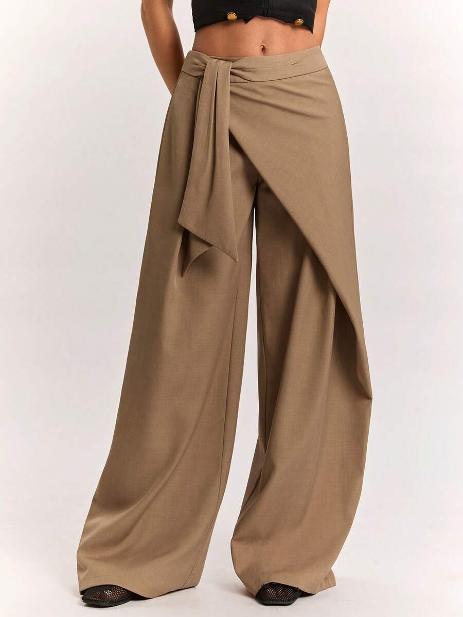 SHEIN BAE Women's Casual Commute Khaki Asymmetrical Placket Wide Leg Long Pants, Casual Long Pants, Daily Streetwear Long Pants, Back To School Long Pants, Autumn Long Pants, Airport, Khaki Long Pants - Khaki - View 1