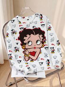 Betty Boop x SHEIN Plus Size Women's Crew Neck Sweatshirt All-Over Print Fall - White - View 3