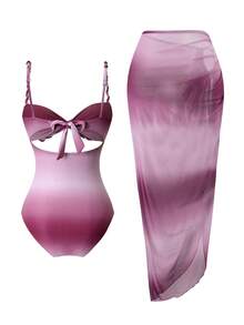 Swim SXY 夏季新款女款 2 件式海灘套裝，含一件式上衣、漸層編繩細肩帶、側綁帶海灘裙比基尼 3 件套 - 酒紅色 - 查看 3