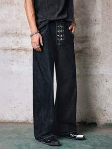 Skyrend 1件 Infinite Jeans 个性化设计飞机扣牛仔裤，男士休闲宽松直筒牛仔裤，日系街头风，宽松版型，做旧水洗（不含腰带和配饰） - 黑色 - 查看 6