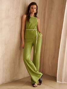 MOTF PREMIUM CONTRAST TRIM SLANTED POCKET FLARE LEG PANTS - Green - View 6
