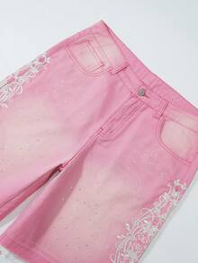 ROMWE MEN Men's Plus Size Casual Daily Denim Shorts With Pockets, Buttons And Floral Embroidery Pattern - Pink - View 3
