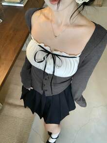 Livesso 女款性感風拼接撞色休閒街頭風修身短版長袖T恤 秋季 - 灰色 - 查看 6