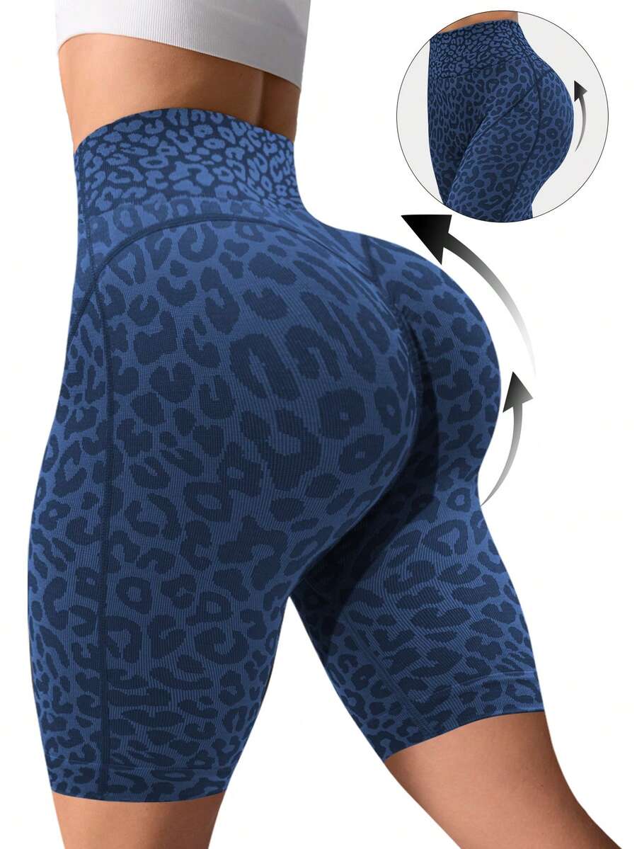 Slayform Slayform 1件女款無縫性感豹紋3D線條跑步健身運動瑜伽單車運動短褲 - 藏蓝色 - 查看 1