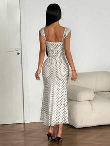SHEIN PETITE Women's Summer Mesh Polka Dot Long Mermaid Hem Dress Date Night White With Black Polka Dots Sexy - Apricot - View 2