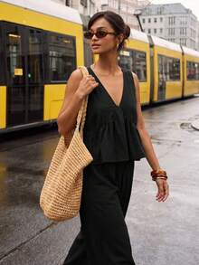 Athîral Women's Vacation Casual Solid Color Tank Top And Long Pants 2 Pieces Set - Black - View 3