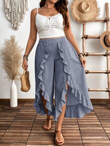 Weeklong Plus Size Women's Floral Retro Print Vacation Style Split Hem Ruffle Wide Leg Pants Fall - Navy Blue - View 3