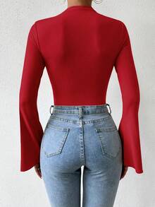 Rafferiza Spring/Autumn Casual Solid Color Flare Sleeve Bodysuit - Red - View 3